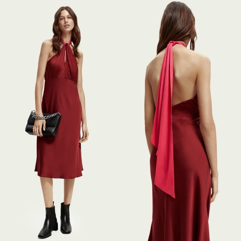 Scotch & Soda Colorblock Scarf Midi Halter Dress Deep Raspberry Red XS NWOT